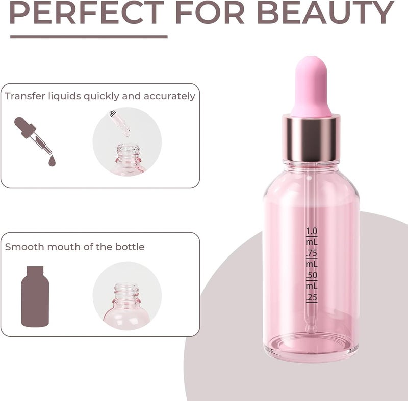 CycleMore 12 Pack (30 ml) 1 oz Pink Glass Boston Bottles with Glass Scale Eye Droppers, Glass Cosmetic Droppers for Beauty, Essential Oils, Makeup & More Liquids Ideal for Mom or Friends - Image 2